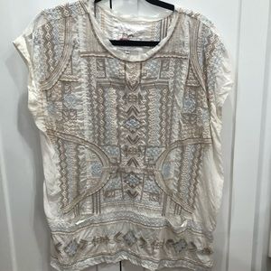 Johnny Was Creme Geometric Embroidered Silk Top